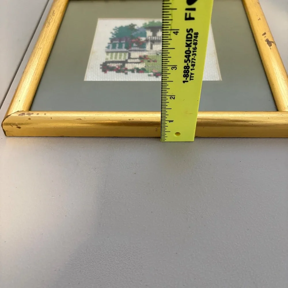 VTG Framed Cross Stitch House‎ Garden Needlepoint Folk Art Cottagecore 10x10